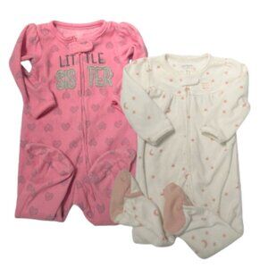 Carters set of 2 size 9 month fleece zip front baby girl footie pajamas GUC